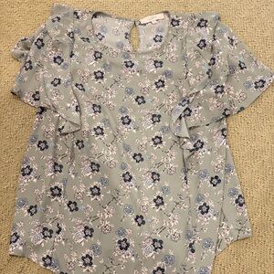LOFT Sage Green Floral Ruffle Sleeve Blouse